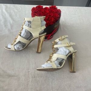 Roberto Cavalli White and Gold Heeled Sandals